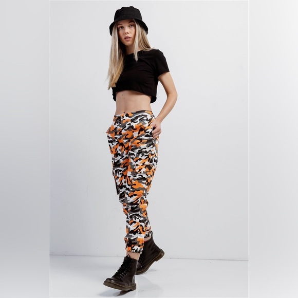 New Trendy Orange & Black, White, Camouflage High Waisted Cargo Pants - Picture 3 of 4